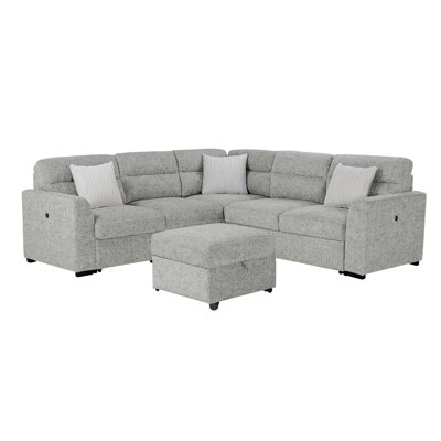 Emiliano Nickel Sectional With 3 Pillows And Storage Ottoman
