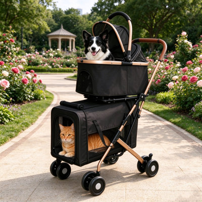 Poussette double pour chiens et chats, châssis pliable 3 en 1 convertible avec roues antichoc, système de freinage et laisses de sécurité fixes, pour animaux de petite et moyenne taille, idéale pour les promenades en famille avec plusieurs animaux, noire.