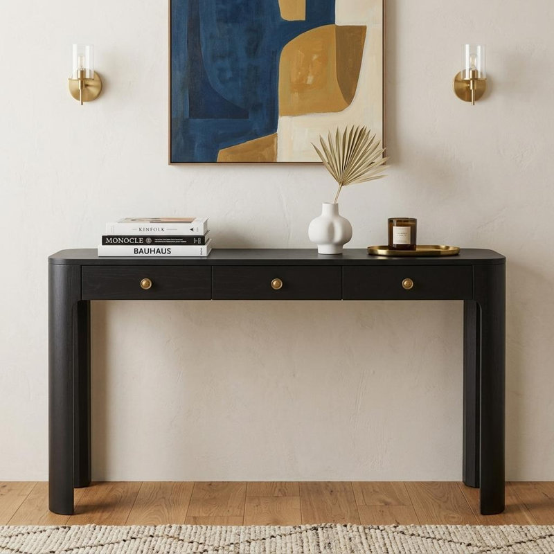 Console 52 po en bois noir avec trois tiroirs