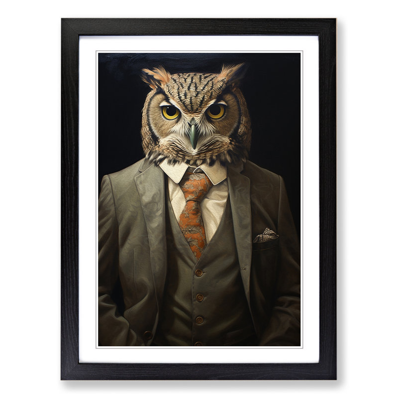 Owl In A Suit Painting - Single Picture Frame Print on Wood, Black Framed, 64cm H x 46cm W x 2cm D