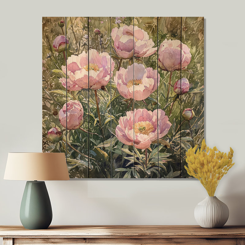 Peonies In The Flower Garden I - Peonies Wood Wall Art - On Natural Pine Wood, 15" H x 15" W x 0.78" D