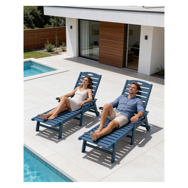 Ensemble de 2 chaises longues réglables pour l'extérieur avec porte-gobelet - Chaises en PEHD pour bronzer et bronzer, Bleu