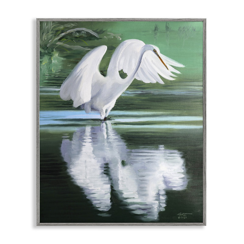 Egret Flapping Wings Giclee Art by D. Rust, Farmhouse Gray Framed Giclee, 14" H x 11" W