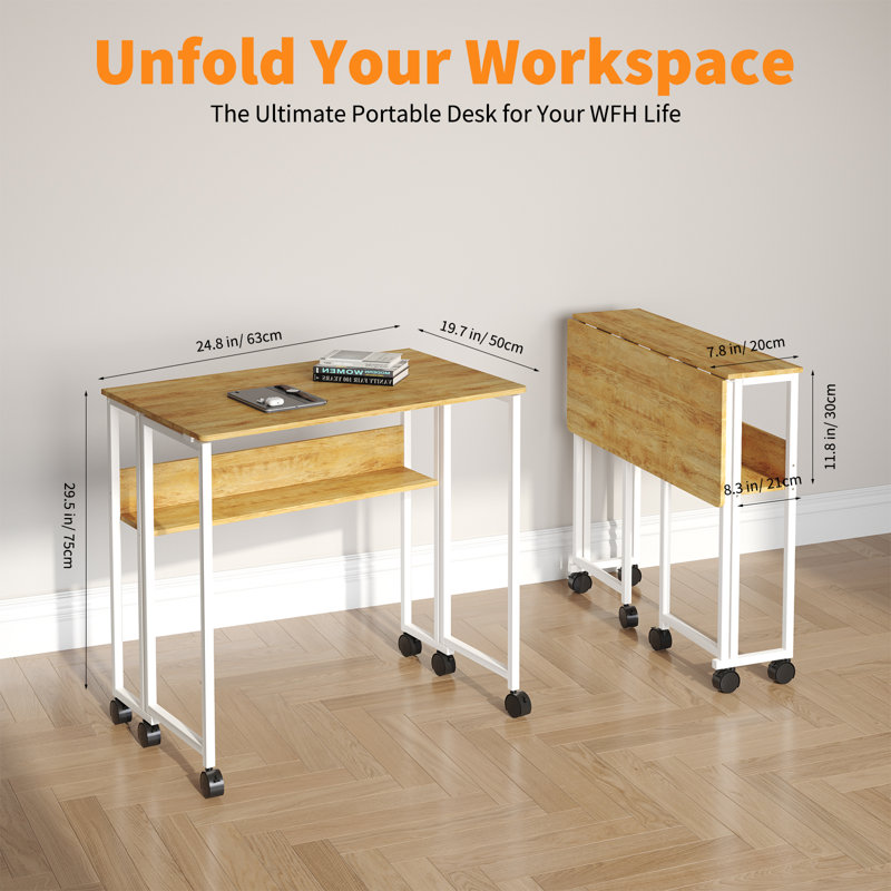 Space-Saving Folding Desk with Storage Shelf and Wheels – Sturdy Collapsible Computer Table – Easy Assembly – Compact Portable Writing Workstation for Home Office, Bedroom, Dorm