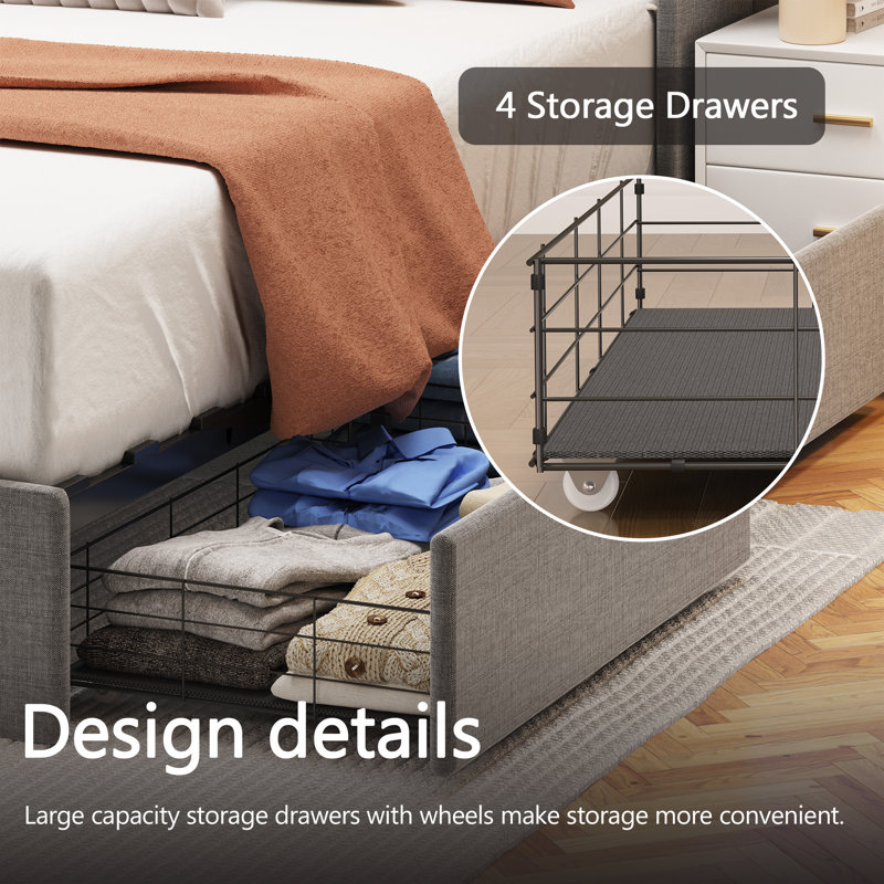 41.3'' Wings Headboard Bed Frame with 4 Under-bed Portable Storage Drawers and LED Light, Light Gray, Queen