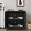 Buffet de rangement avec 2 portes décoratives en miroir en acrylique, tablette réglable pour la salle à manger, le salon, la cuisine, poignées en métal, panneau de fibres à densité moyenne avec finition en papier de grain de bois noir 3D