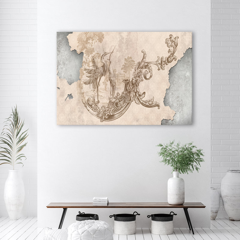 Birds And Leaves Fresco - No Frame Print on Canvas