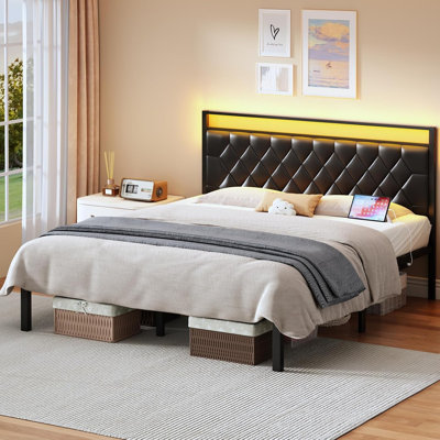 Structure de lit double avec tête de lit à DEL et prise de charge USB, lit plateforme avec espace de rangement sous le lit, sommier à lattes en métal silencieux, aucun sommier requis, assemblage facile