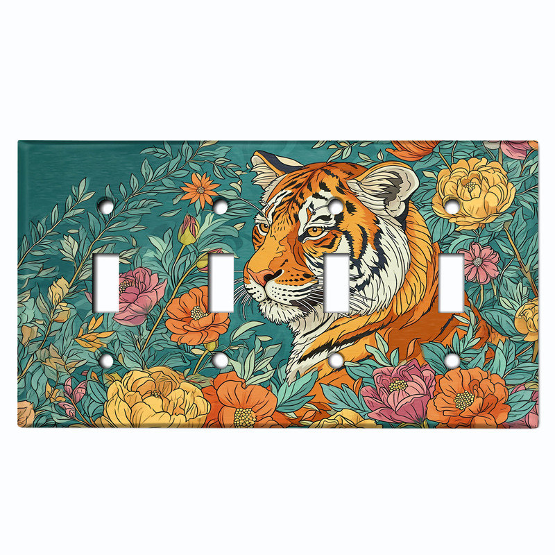 Couvercle de plaque d'interrupteur en métal; Bascule à 4 bandes US standard - Tiger in the Meadow, # 4 Quad bascule
