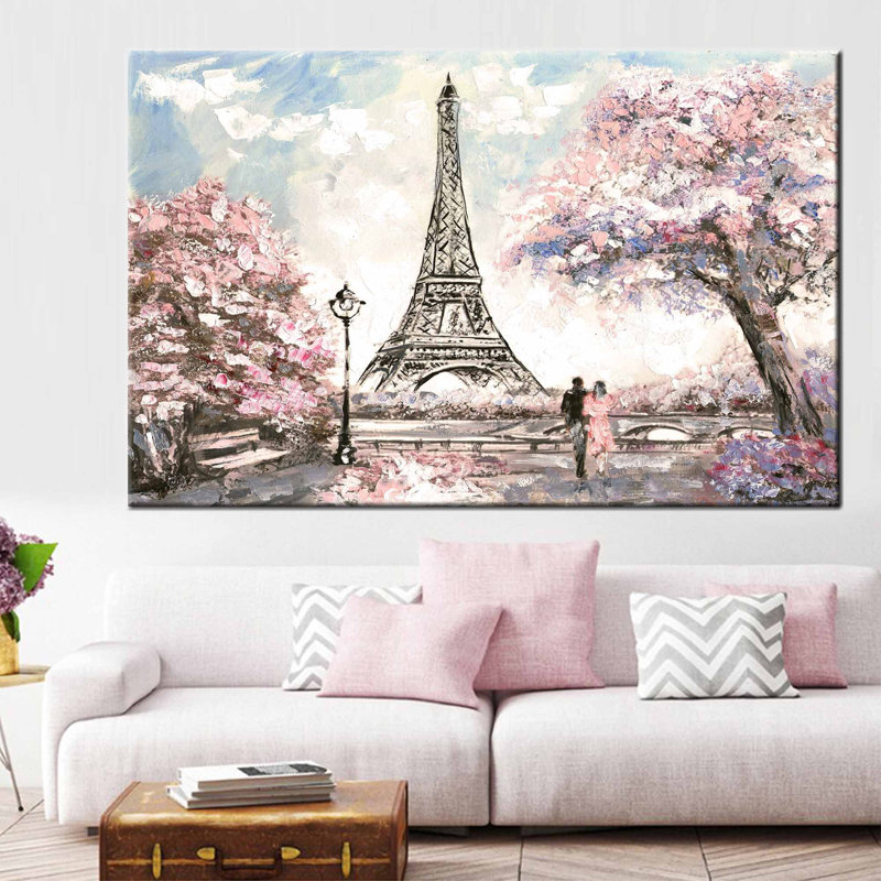 Modern Wall Art of Paris Landscape With Eiffel Tower and Couple Enveloped by Leaves in a Contemporary Style, Does Not Apply