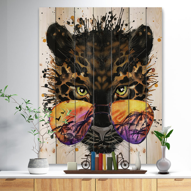 Drôle de jaguar avec lunettes de soleil - reproduction d'art, H 36 po x l 24 po x P 1 po, Bois de pin