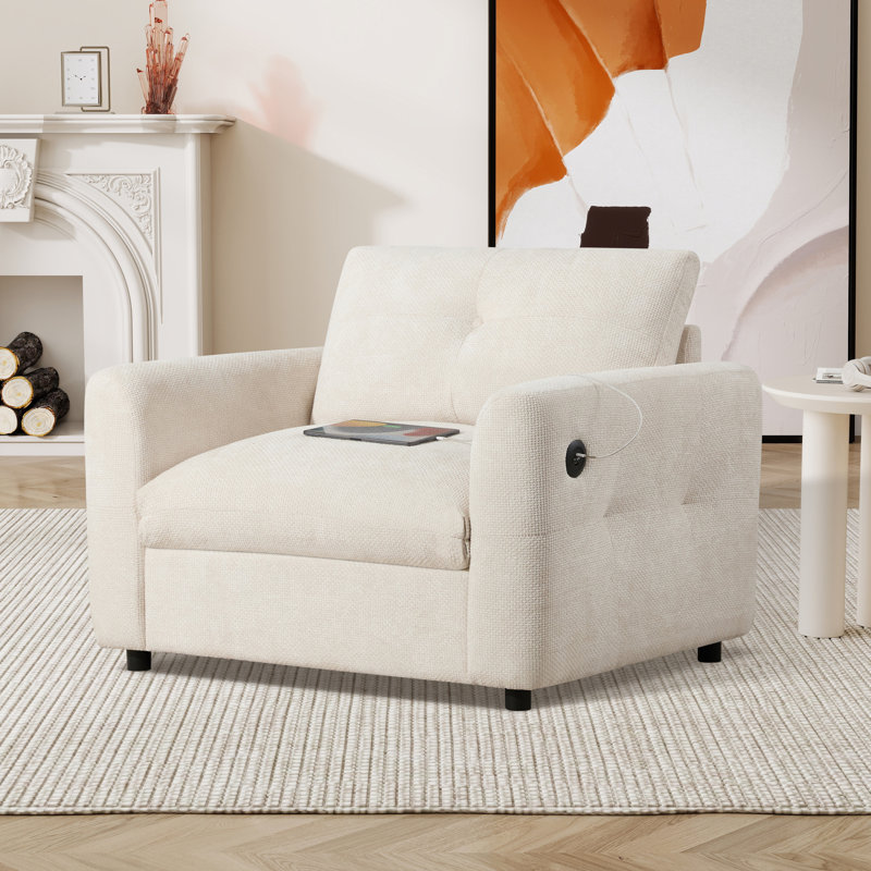 Modern Chenille Accent Chair,Upholstered Single Sofa Chair With Charging Port, Beige