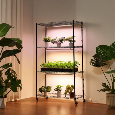 Plant Shelf with Grow Light, 4-Tier Indoor Plant Stand, 59in Tall Plants Display Rack with Wheels, 90W 3-Colour Full Spectrum Grow Lights, Heavy Duty Metal Flower Pot Holder for Seed Starting