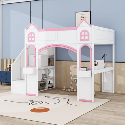 Full Wood Castle Loft Bed with Storage Staircase and Desk