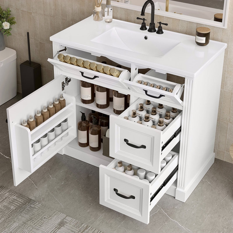 Meuble-lavabo de 36 pouces avec lavabo, armoire avec 4 tiroirs, porte à fermeture douce et tablette réglable, lavabo en céramique, meuble-lavabo moderne pour la finition de l'organisation de la salle de bain