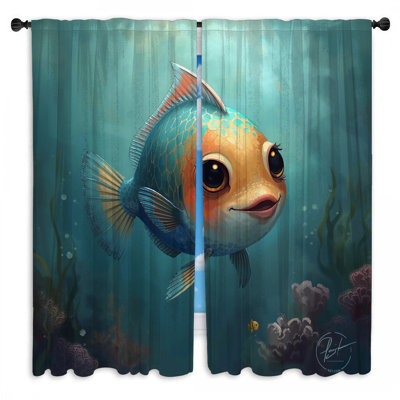 Caricature de rideaux de fenêtre sous-marine poisson assombrissant et obscurcissant - 2 panneaux