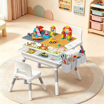 Kids Activity Table and Chairs Set, Double-Sided Drawing & Block Building Table with 2 Adjustable Chairs, 4 Side Storage Bins, Sand & Water Play