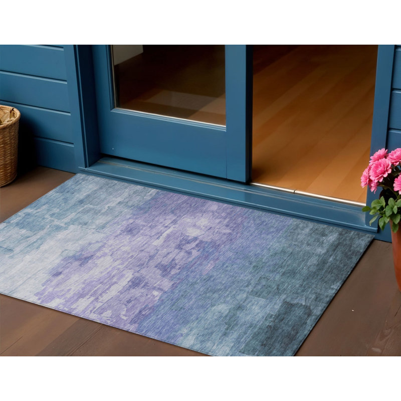 3' X 5' Denim Blue And Sky Blue Striped Washable Indoor Outdoor Area Rug