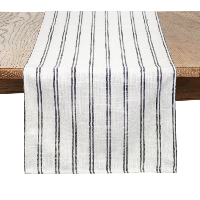 Beige-white Modern Striped Linen Blend Table Runner, 90" x 16" , Black/White