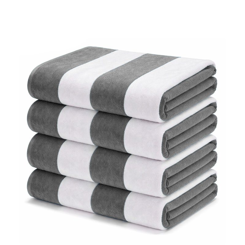 Superior Cabana Striped Cotton Standard Size Towel/ Chaise Lounge Chair Cover Set, Light Gray, Beach Towel - 4 Pack