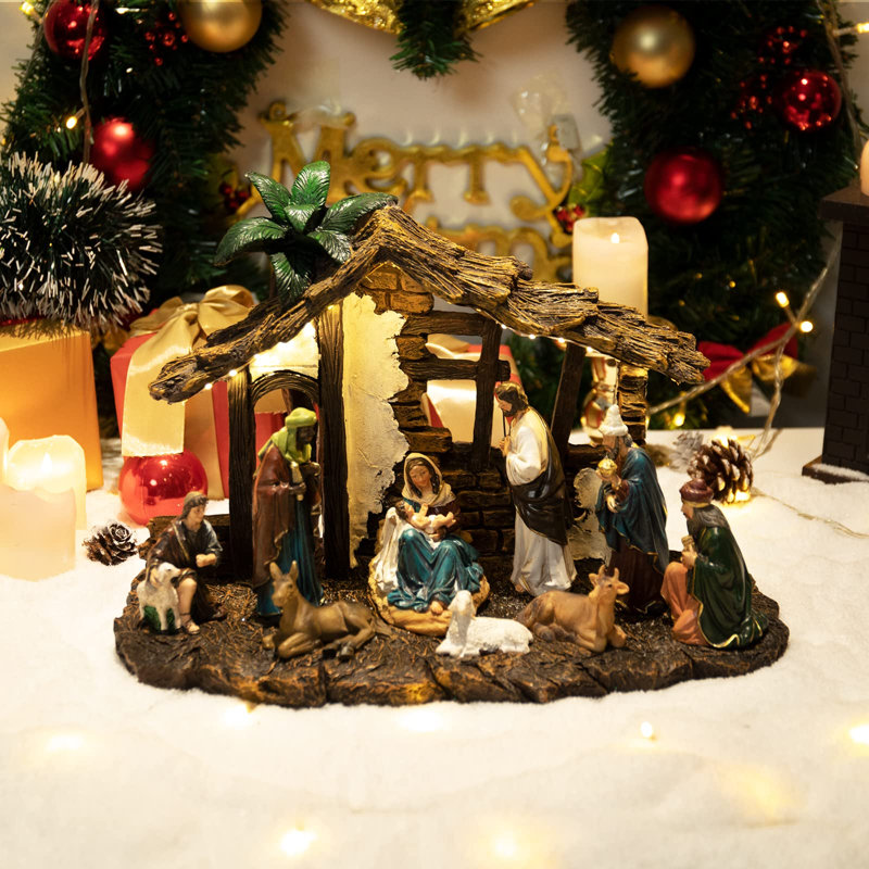 Ensemble de figurines en résine avec des cadeaux de Noël à lumière DEL