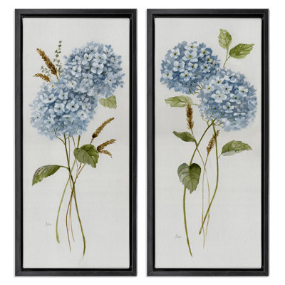 Blue Hydrangea Long Stems 2 Piece Black Framed Floater Canvas Set by Nan