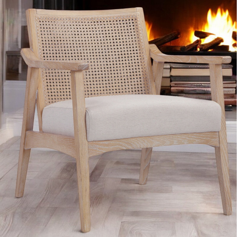 Pangea Home Jac Lavanda Cane Lounge Chair – Modern Accent Chair with Natural Woven Cane Backrest & Bone FULLY Assembled Upholstered Seat for Living Room, Office, or Bedroom - Beige Cane Chair