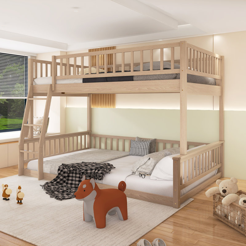 Bunk Bed With Ladder And Guardrails, Yellow, Full XL Over Queen