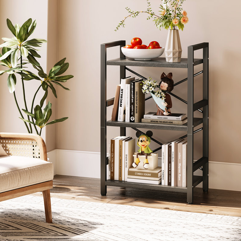 3 Tier Bookshelf, 3 Tier Industrial Bookcase, Metal Small Bookcase, Rustic Etagere Book Shelf Storage Organizer for Living Room, Bedroom, and Home Office(Rustic Brown)