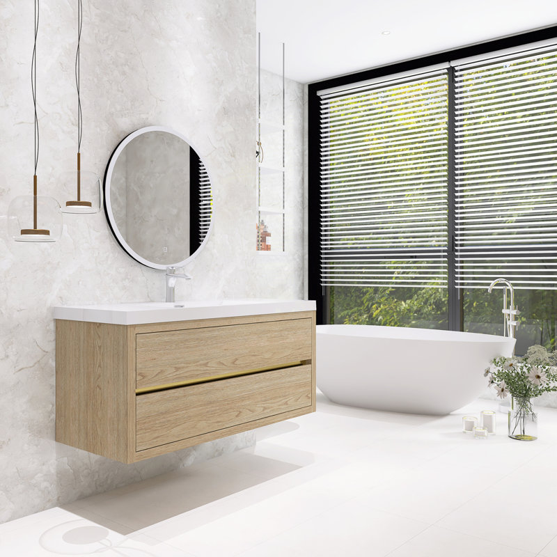 Ensemble de meuble-lavabo simple mural moderne 48 po avec lavabo en résine, Chêne naturel, 48"