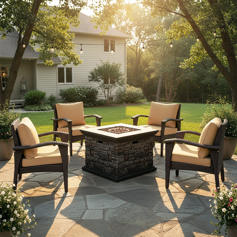 Trujillo 4 - Person Patio Conversation Set with Firepit and Cushions, Brown Frame / Brown Cushion