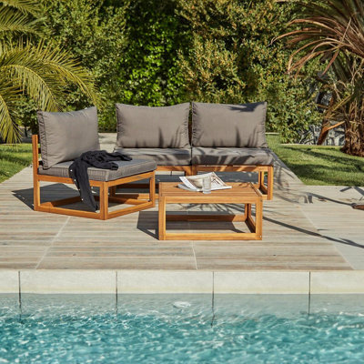 Rimasha Wooden Garden Armchair with 2-Seater Sofa & Coffee Table Set - Natural