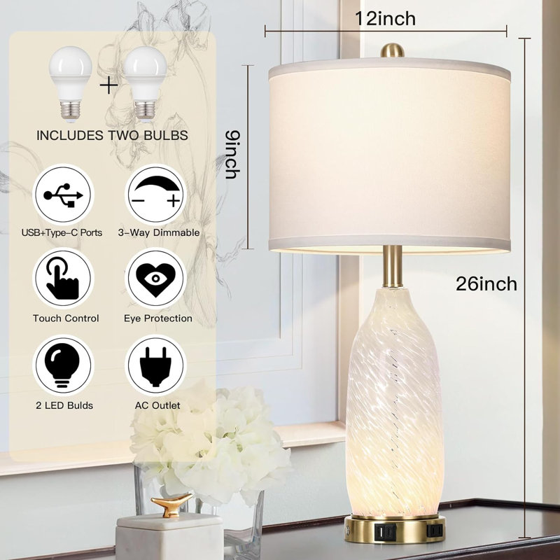 26'' White Glass Table Lamps Set with USB Ports and Touch Control