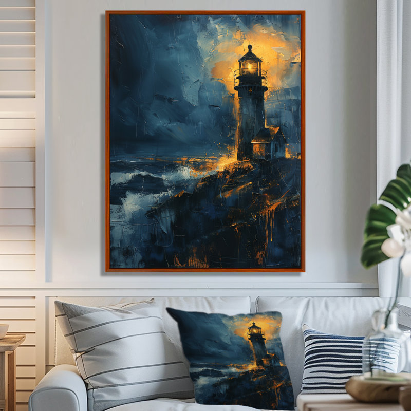 Décoration murale phare noir et bleu clair d'hiver, H 34 po x l 44 po, Cadre flottant brun
