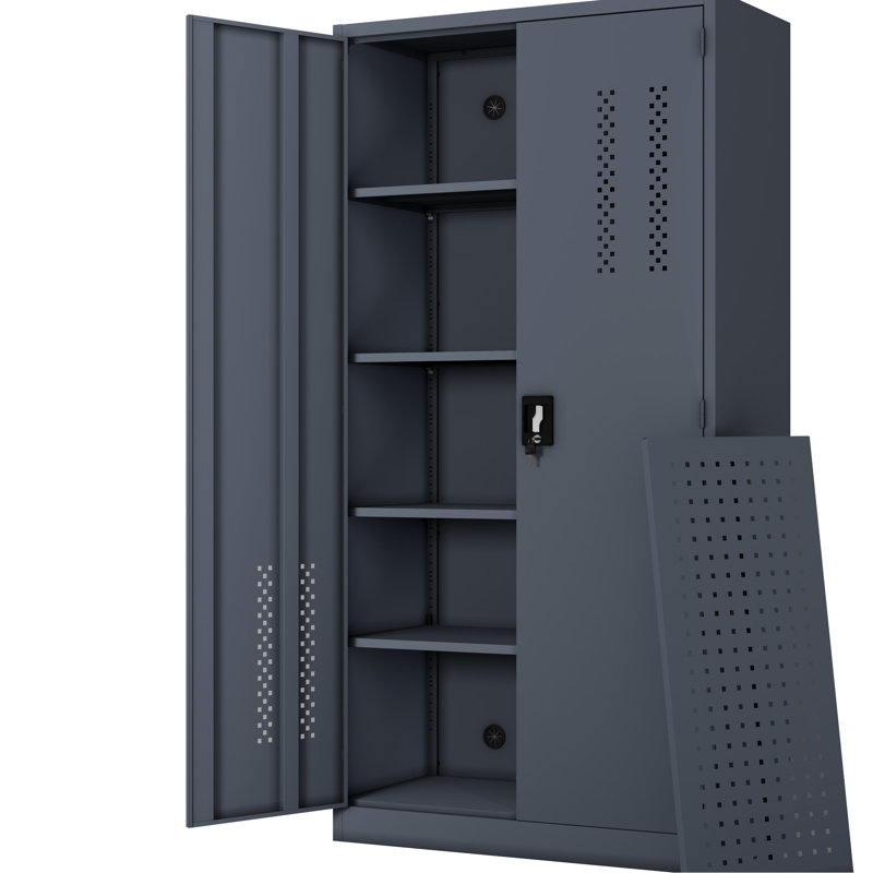 Armoire de garage en acier gris avec 2 portes, 4 tablettes réglables, intérieur et 73,41 pouces de hauteur pour les bureaux à domicile, grande capacité de rangement des dossiers à l'intérieur