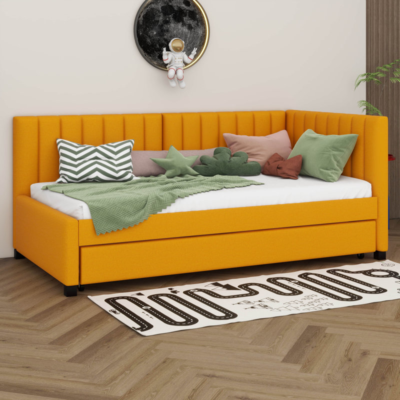 Twin Size Upholstered Daybed, Linen Fabric Sofa Bed With Trundle For Bedroom, Wood Slat Support, No Box Spring Needed, Yellow