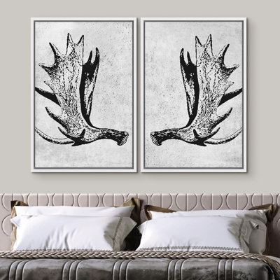 Animals " Black White Forest Moose Deer Antler Abstract Shapes Modern Art Minimal Wall Decor Artwork Nordic " 2 - Pieces