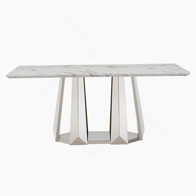 Table de salle à manger en marbre pour 6 personnes, table de salle à manger rectangulaire en faux marbre 70 po avec base en acier inoxydable à finition miroir, table de cuisine moderne en marbre de grande taille (argent, blanc)