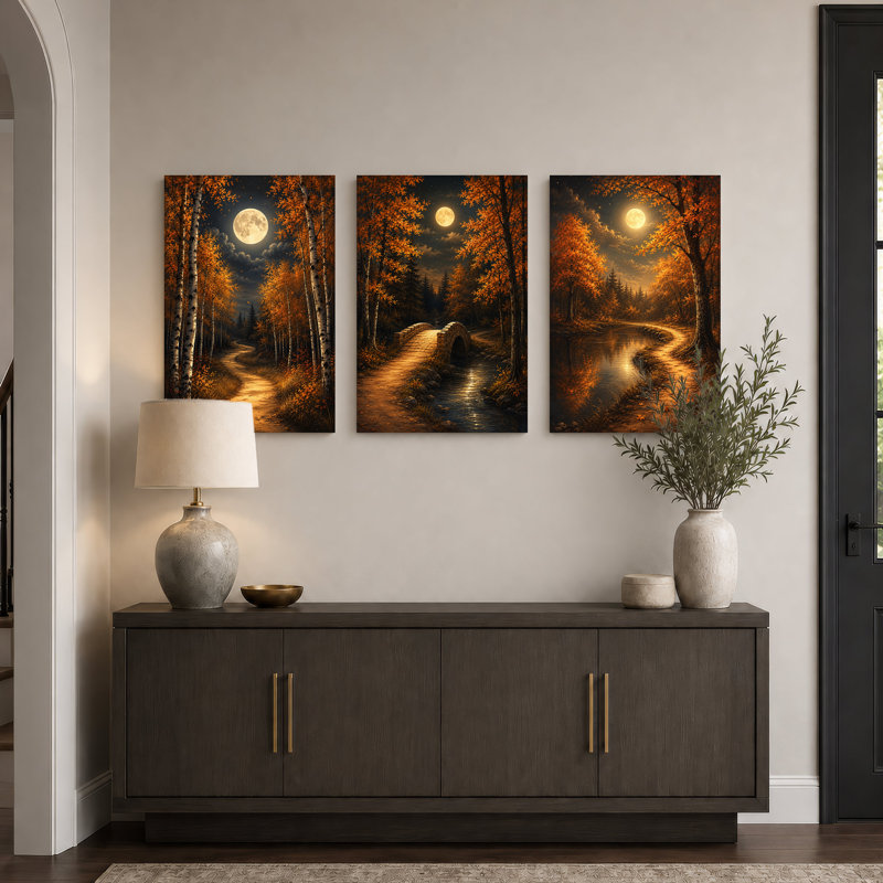 "Autumn Forest Path" et pont en pierre, ensemble de 3 toiles d'art, H 30 po x l 20 po x 3 pièces
