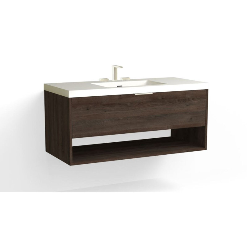 Modo 48" W Wall Mounted Single Bathroom Vanity, Glossy White/8" Widespread, Polished Nickel, Nocino