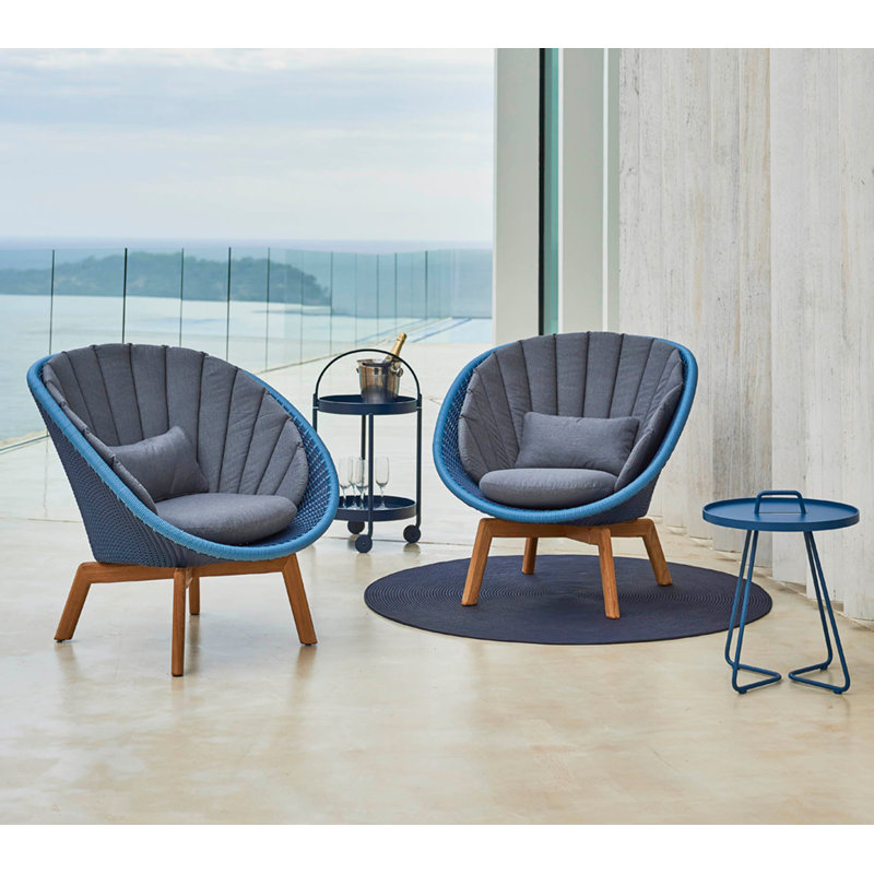 Peacock Papasan Chair with Teak Legs, Dark Blue, Dark Gray/Teak