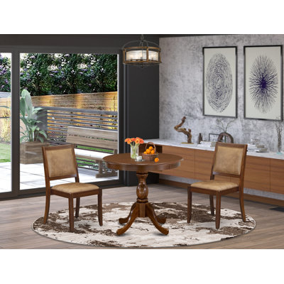 DD20E3E13F734BA1B03991A147E0A6B6 -3 Piece Dining Set Includes a Round Table and 2 Stackable Faux Leather Chairs, Antique Walnut