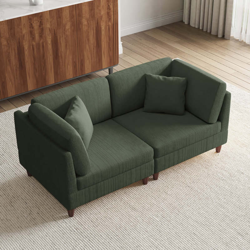 2 - Piece Upholstered Corduroy Modular Sectional with Pillow Back and Solid Wood Legs, Green