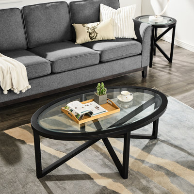 Table basse moderne en verre avec structure en bois de peuplier massif et plateau trempé pour la salle d'attente - facile à nettoyer, capacité de soutien de 250 lb, trépied simple, motif de rayures de loisirs, structure stable