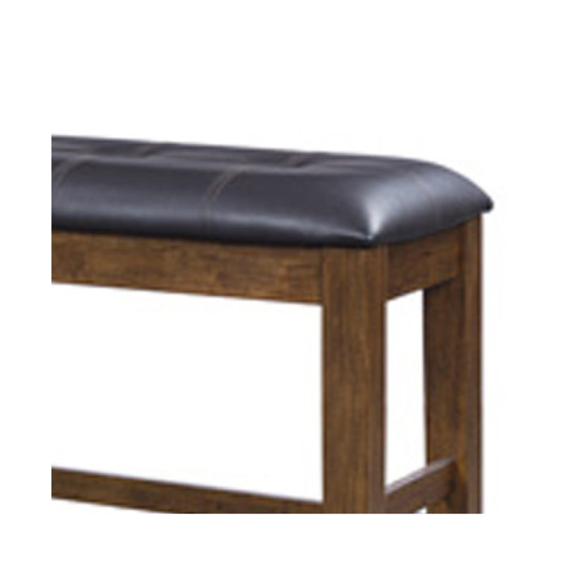 Raly Counter Height Bench, 50 Inch Black Faux Leather Padded, Brown Wood