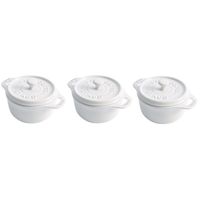 STAUB Ceramic 3-pc Mini Round Cocotte Set with Tray - White
