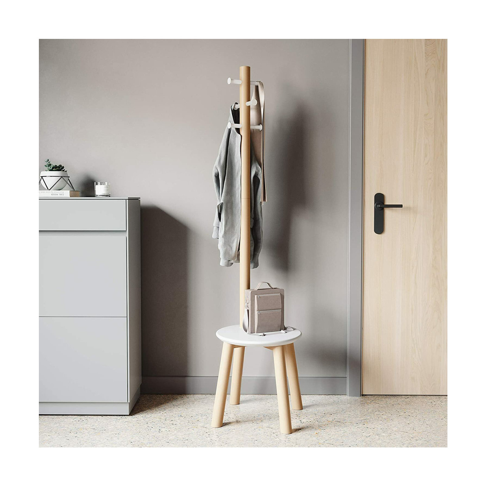 6 - Hook Freestanding Coat Rack, White/Natural