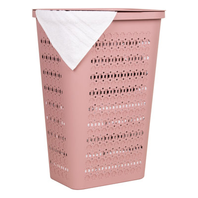  Panier à linge mince et effilé avec couvercle, panier à linge avec découpes en croix, léger et ventilé, plastique, rose