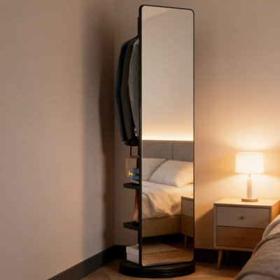 360° Rotating Solid Wood Full Length Mirror Black, 69"X16" Hook Storage Coat Rack For Cloakroom Bedroom