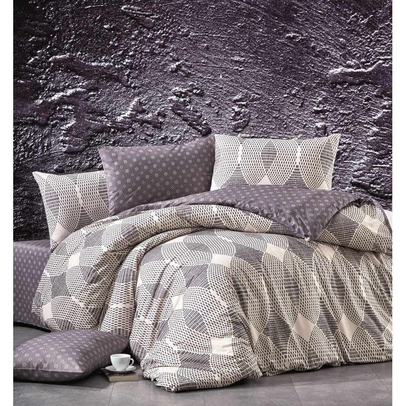 Ensemble de housse de couette 100% coton Annawan, Housse de couette double TG + 3 pièces supplémen, Vison / beige